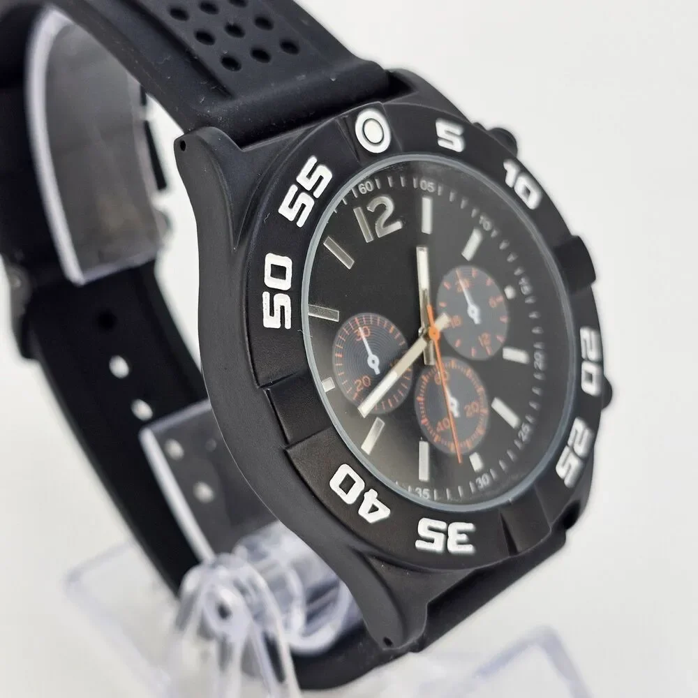 Men's Watch 50MM Black Dial Black Case Black Plastic Bands New Battery‎